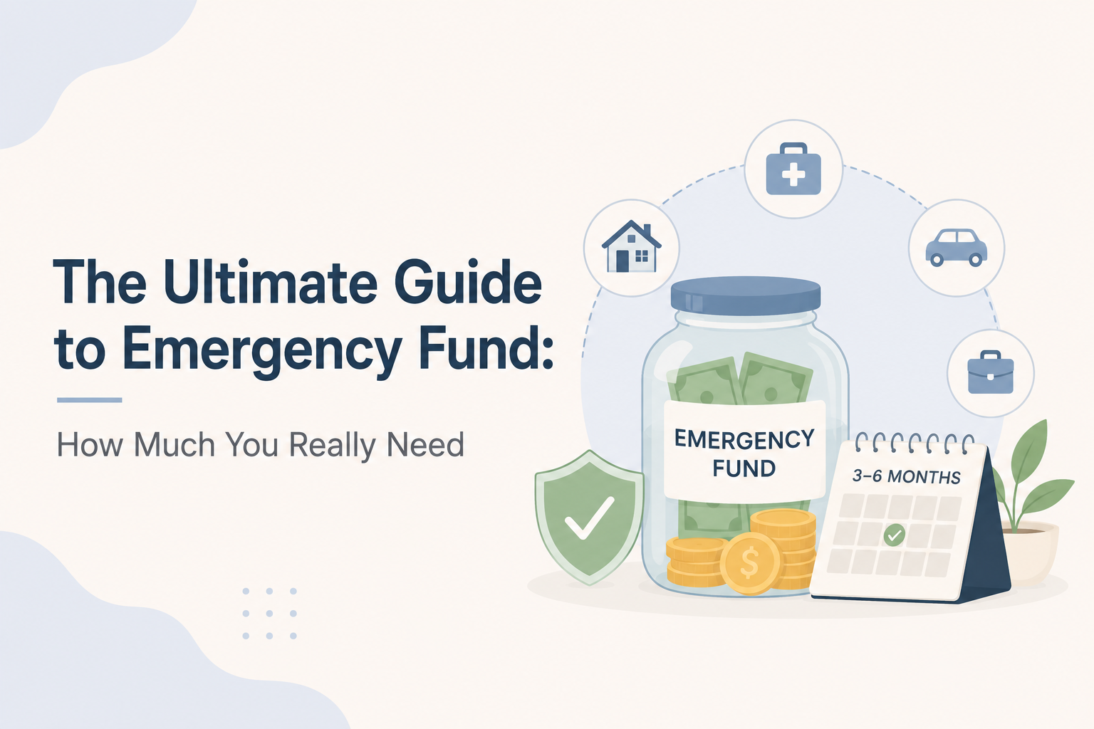 Minimalist 2D illustration of an emergency fund jar with cash, coins, calculator, checklist, and shield icon on a light background, representing emergency savings and financial preparedness.