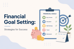 Minimalist 2D illustration of a financial goals checklist with a piggy bank, target, calendar, coins, and savings icons on a light background, representing financial planning and goal setting.