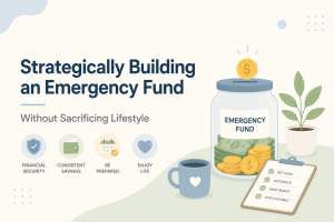 Minimalist 2D illustration of an emergency fund savings jar filled with cash and coins alongside a checklist, coffee mug, and potted plant on a light pastel background, representing strategic saving without sacrificing lifestyle.