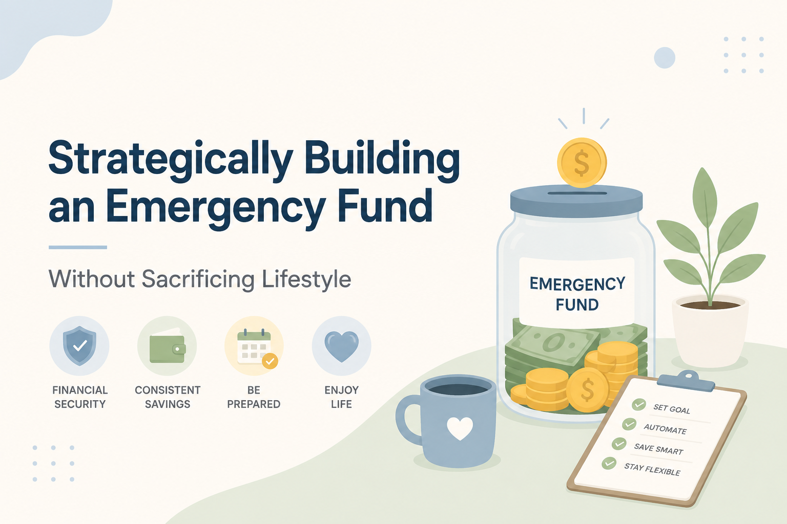 Minimalist 2D illustration of an emergency fund savings jar filled with cash and coins alongside a checklist, coffee mug, and potted plant on a light pastel background, representing strategic saving without sacrificing lifestyle.