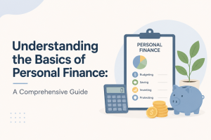 Minimalist 2D illustration of personal finance essentials, featuring a piggy bank, calculator, wallet, coins, and financial charts on a light background.