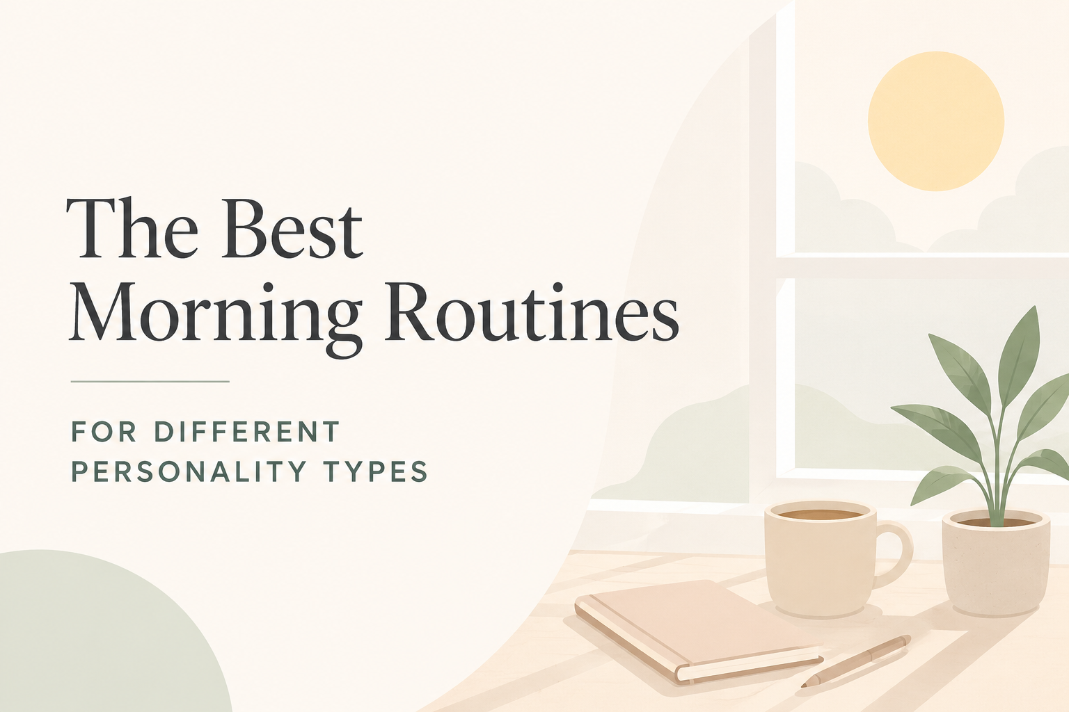 Minimalist 2D illustration of a peaceful morning workspace with a notebook, coffee cup, potted plant, and sunrise through a window, representing morning routines for different personality types.