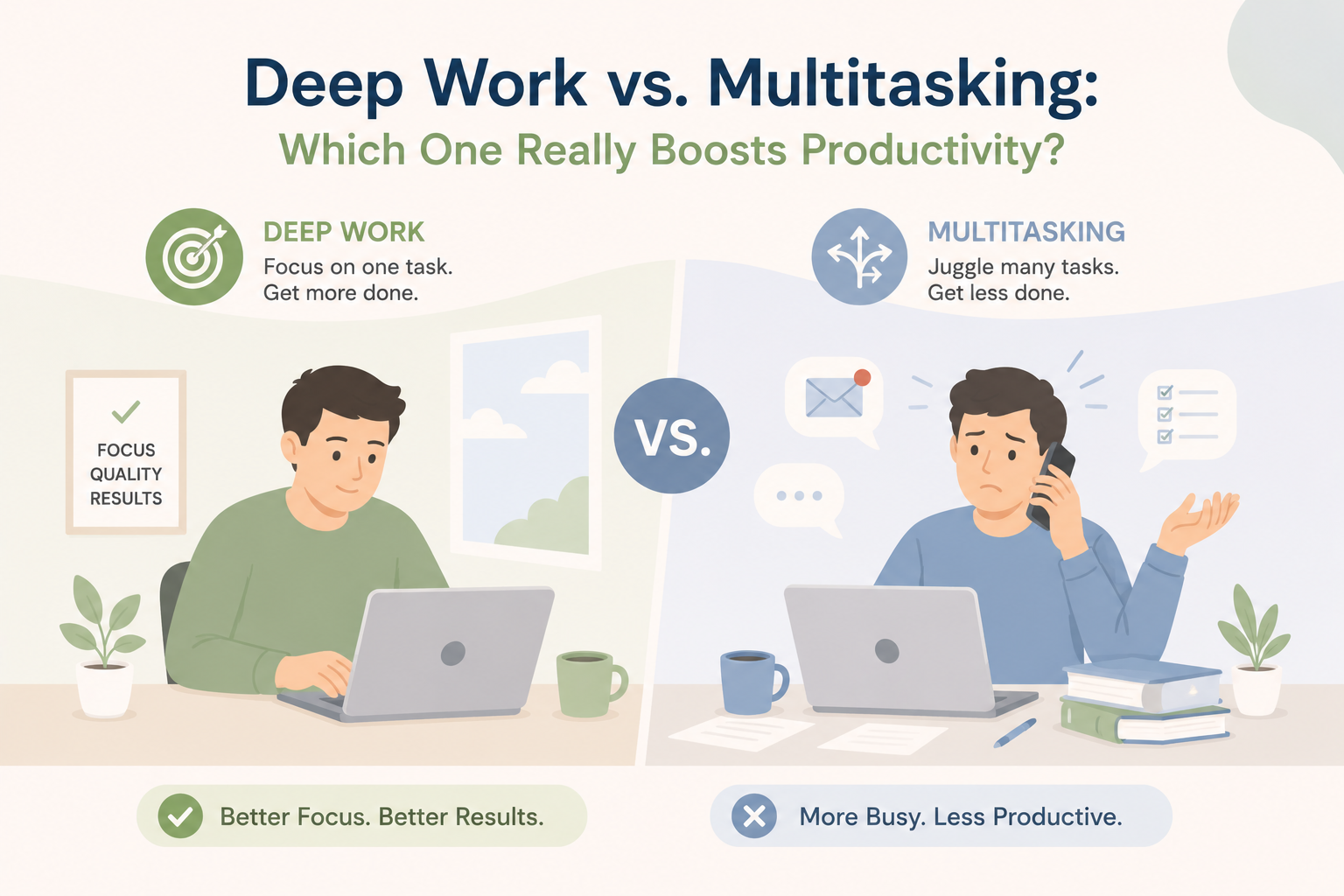 Minimalist 2D illustration comparing deep work and multitasking, showing a focused person working on a single task beside a distracted person juggling multiple tasks on a light pastel background.