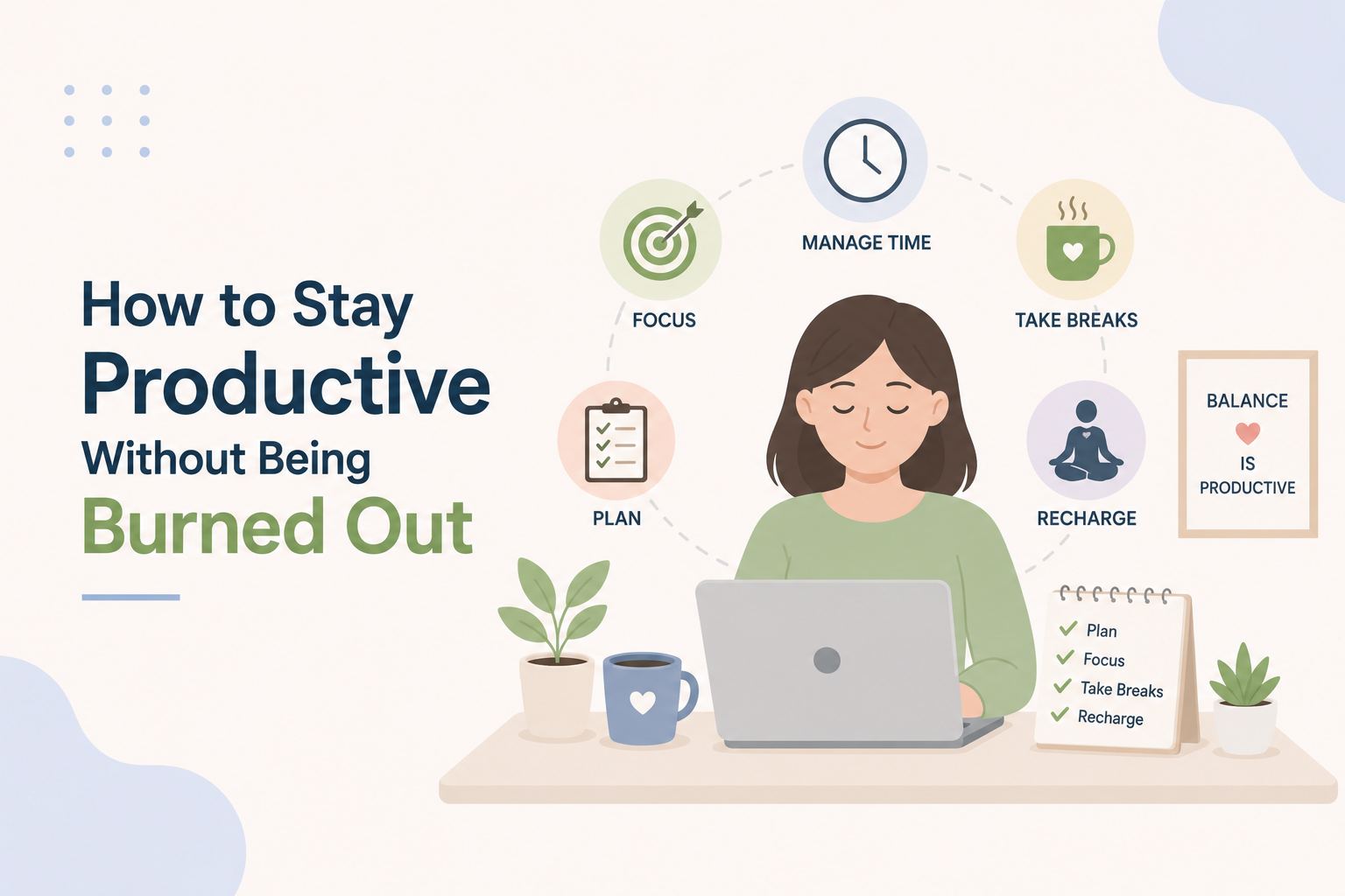 Minimalist 2D illustration of a person working calmly at a desk with a laptop, coffee cup, plant, and balanced productivity icons on a light pastel background, representing sustainable productivity without burnout.