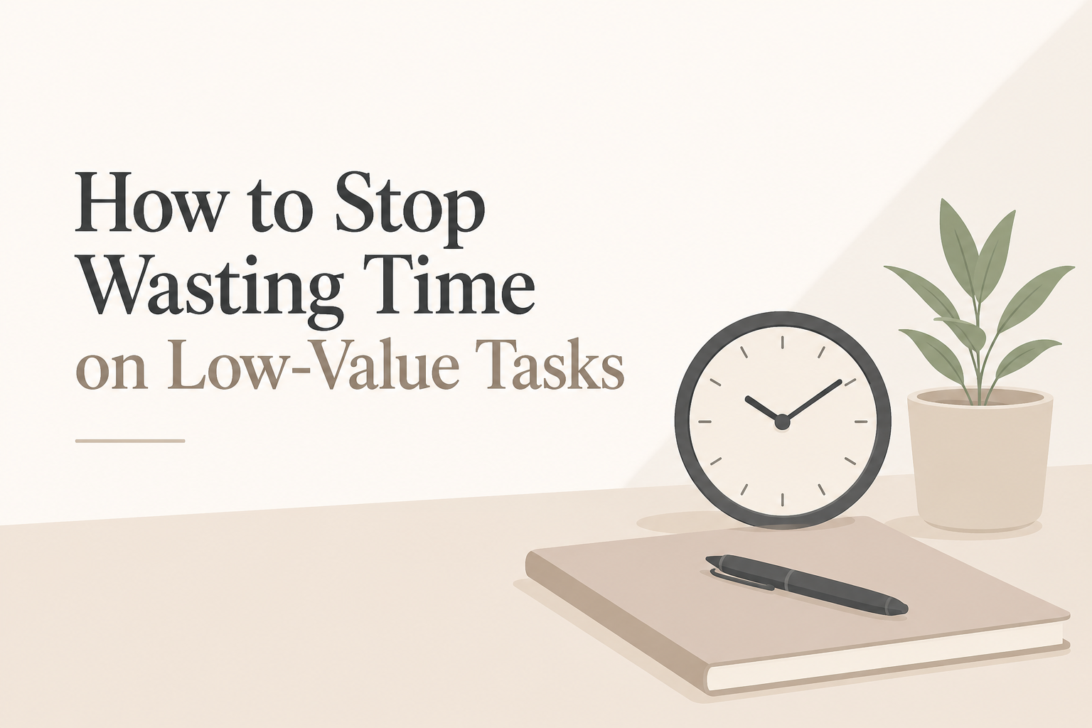 Minimalist 2D illustration of a tidy workspace with a notebook, pen, clock, and potted plant on a light pastel background, representing prioritizing meaningful work over low-value tasks.